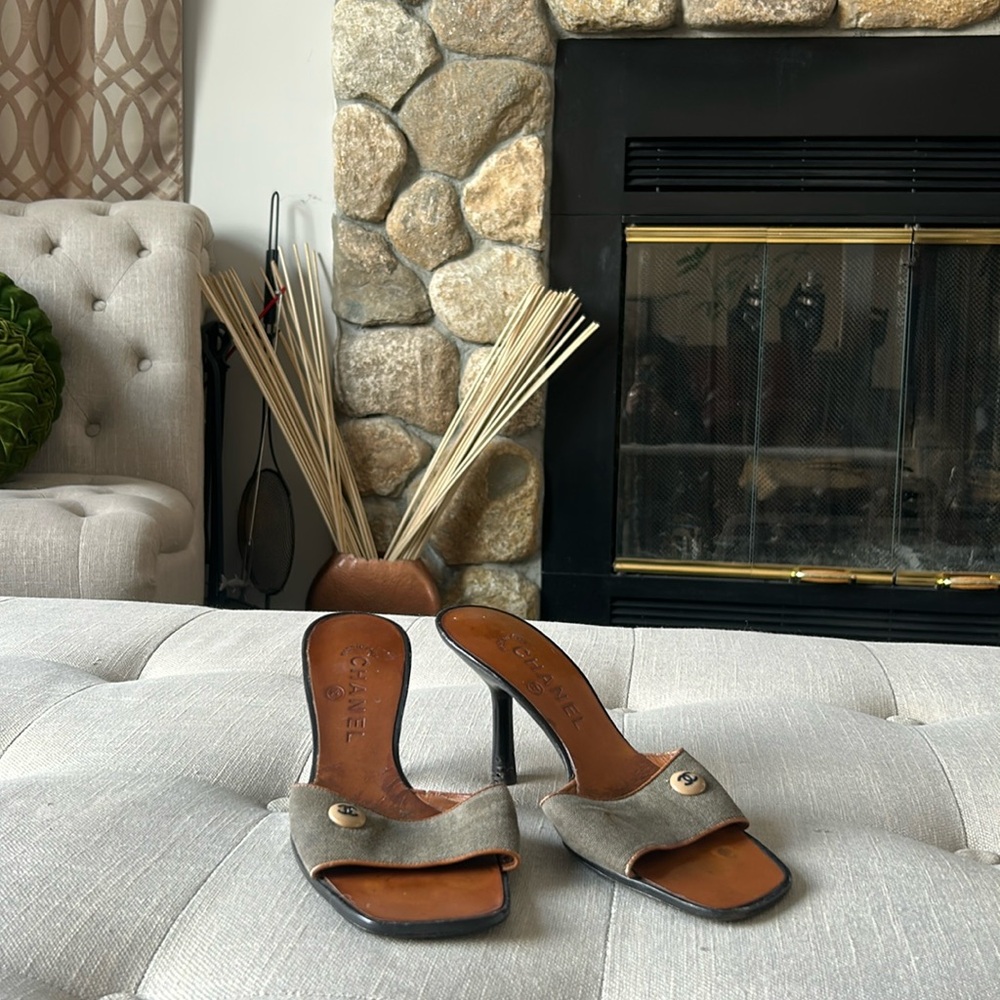 Chanel Denim Kitten Heels Slip On Size 37